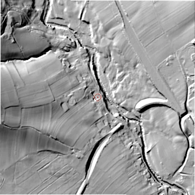 Shaded relief map of the ground around S336SF, computed from Environment Agency LiDAR. The ground here sits at about 173 m above sea level and falls 64 m across the surrounding 800 m. Surface water reaching this point runs off ground lying to the west, 17.9 m higher.