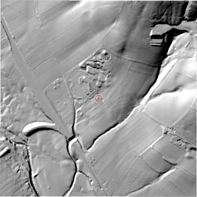 Shaded relief map of the ground around S336ZE, computed from Environment Agency LiDAR. The ground here sits at about 197 m above sea level and falls 138 m across the surrounding 800 m. Surface water reaching this point runs off ground lying to the north-north-east, 100.6 m higher.