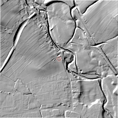 Shaded relief map of the ground around S336ZF, computed from Environment Agency LiDAR. The ground here sits at about 171 m above sea level and falls 48 m across the surrounding 800 m. Surface water reaching this point runs off ground lying to the west, 6.2 m higher.