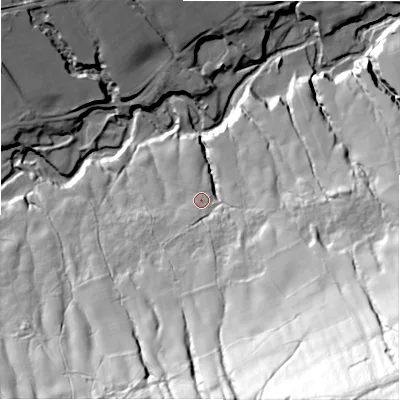 Shaded relief map of the ground around S337ZB, computed from Environment Agency LiDAR. The ground here sits at about 236 m above sea level and falls 144 m across the surrounding 800 m. Surface water reaching this point runs off ground lying to the south, 6.1 m higher.