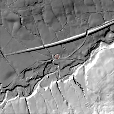 Shaded relief map of the ground around S337ZE, computed from Environment Agency LiDAR. The ground here sits at about 222 m above sea level and falls 67 m across the surrounding 800 m. Surface water reaching this point runs off ground lying to the north-north-west, 11.3 m higher.
