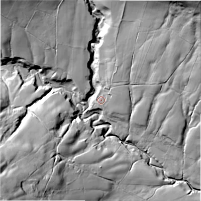 Shaded relief map of the ground around S337ZJ, computed from Environment Agency LiDAR. The ground here sits at about 280 m above sea level and falls 101 m across the surrounding 800 m. Surface water reaching this point runs off ground lying to the north-north-east, 29.4 m higher.