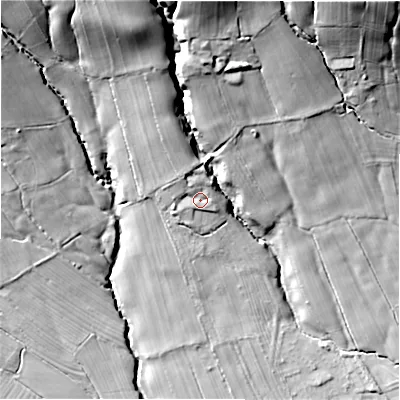 Shaded relief map of the ground around S338WB, computed from Environment Agency LiDAR. The ground here sits at about 202 m above sea level and falls 51 m across the surrounding 800 m. Surface water reaching this point runs off ground lying to the north-north-west, 6.1 m higher.
