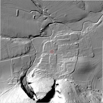 Shaded relief map of the ground around S338WH, computed from Environment Agency LiDAR. The ground here sits at about 190 m above sea level and falls 111 m across the surrounding 800 m. Surface water reaching this point runs off ground lying to the south, 5.4 m higher.
