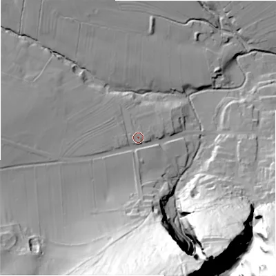 Shaded relief map of the ground around S338WP, computed from Environment Agency LiDAR. The ground here sits at about 194 m above sea level and falls 117 m across the surrounding 800 m. Surface water reaching this point runs off ground lying to the west-south-west, 3.2 m higher.