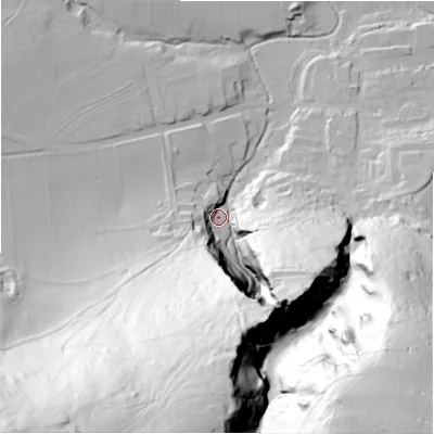 Shaded relief map of the ground around S338WS, computed from Environment Agency LiDAR. The ground here sits at about 190 m above sea level and falls 153 m across the surrounding 800 m. Surface water reaching this point runs off ground lying to the south, 121.0 m higher.