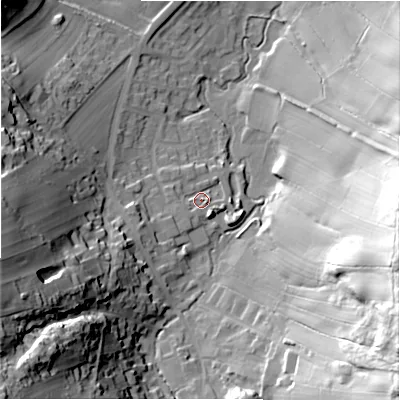 Shaded relief map of the ground around S339AE, computed from Environment Agency LiDAR. The ground here sits at about 176 m above sea level and falls 61 m across the surrounding 800 m. Surface water reaching this point runs off ground lying to the south-west, 3.8 m higher.
