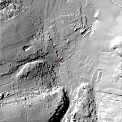 Shaded relief map of the ground around S339HE, computed from Environment Agency LiDAR. The ground here sits at about 179 m above sea level and falls 97 m across the surrounding 800 m. Surface water reaching this point runs off ground lying to the south-west, 91.5 m higher.