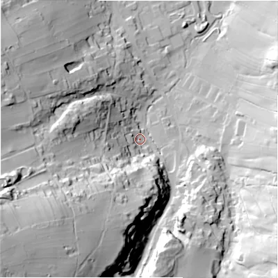 Shaded relief map of the ground around S339HF, computed from Environment Agency LiDAR. The ground here sits at about 182 m above sea level and falls 104 m across the surrounding 800 m. Surface water reaching this point runs off ground lying to the south-west, 77.0 m higher.