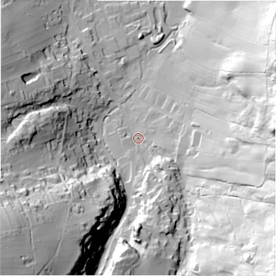 Shaded relief map of the ground around S339HJ, computed from Environment Agency LiDAR. The ground here sits at about 180 m above sea level and falls 90 m across the surrounding 800 m. Surface water reaching this point runs off ground lying to the south-east, 74.5 m higher.