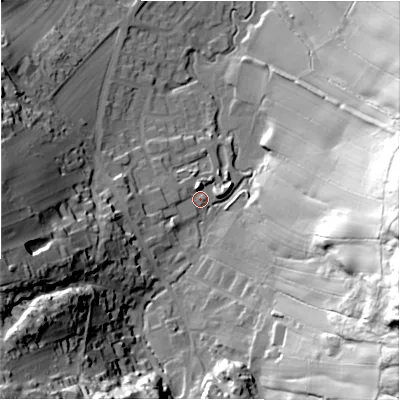 Shaded relief map of the ground around S339LD, computed from Environment Agency LiDAR. The ground here sits at about 177 m above sea level and falls 72 m across the surrounding 800 m. Surface water reaching this point runs off ground lying to the west-south-west, 9.0 m higher.