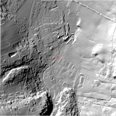 Shaded relief map of the ground around S339LE, computed from Environment Agency LiDAR. The ground here sits at about 177 m above sea level and falls 82 m across the surrounding 800 m. Surface water reaching this point runs off ground lying to the south-west, 76.6 m higher.