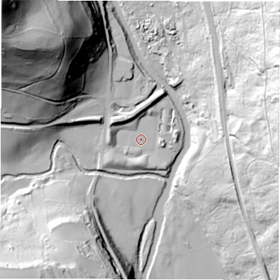 Shaded relief map of the ground around S350BN, computed from Environment Agency LiDAR. The ground here sits at about 110 m above sea level and falls 113 m across the surrounding 800 m. Surface water reaching this point runs off ground lying to the north-west, 9.1 m higher.
