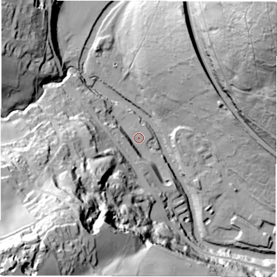 Shaded relief map of the ground around S350BQ, computed from Environment Agency LiDAR. The ground here sits at about 98 m above sea level and falls 113 m across the surrounding 800 m. Surface water reaching this point runs off ground lying to the south-west, 60.8 m higher.
