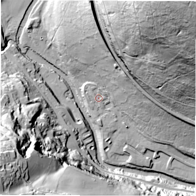 Shaded relief map of the ground around S350BX, computed from Environment Agency LiDAR. The ground here sits at about 101 m above sea level and falls 114 m across the surrounding 800 m. Surface water reaching this point runs off ground lying to the north-east, 24.7 m higher.
