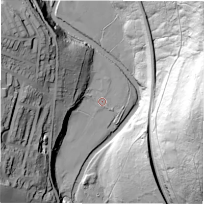 Shaded relief map of the ground around S350DJ, computed from Environment Agency LiDAR. The ground here sits at about 103 m above sea level and falls 106 m across the surrounding 800 m. Surface water reaching this point runs off ground lying to the north-west, 26.8 m higher.