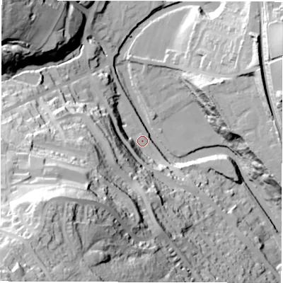 Shaded relief map of the ground around S350ER, computed from Environment Agency LiDAR. The ground here sits at about 88 m above sea level and falls 108 m across the surrounding 800 m. Surface water reaching this point runs off ground lying to the south-west, 86.8 m higher.