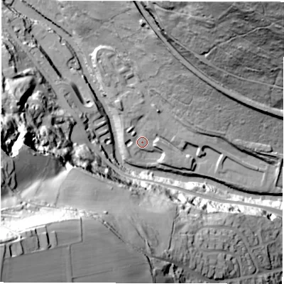 Shaded relief map of the ground around S350ES, computed from Environment Agency LiDAR. The ground here sits at about 97 m above sea level and falls 119 m across the surrounding 800 m. Surface water reaching this point runs off ground lying to the north-north-east, 4.5 m higher.
