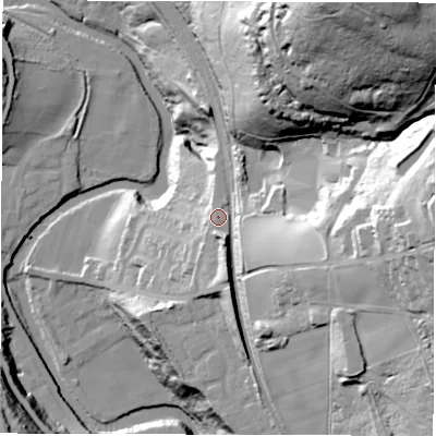 Shaded relief map of the ground around S350FN, computed from Environment Agency LiDAR. The ground here sits at about 112 m above sea level and falls 94 m across the surrounding 800 m. Surface water reaching this point runs off ground lying to the east-south-east, 29.4 m higher.
