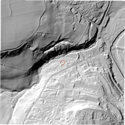 Shaded relief map of the ground around S350FQ, computed from Environment Agency LiDAR. The ground here sits at about 112 m above sea level and falls 111 m across the surrounding 800 m. Surface water reaching this point runs off ground lying to the south-south-west, 12.8 m higher.