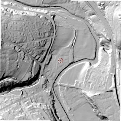 Shaded relief map of the ground around S350GG, computed from Environment Agency LiDAR. The ground here sits at about 90 m above sea level and falls 65 m across the surrounding 800 m. Surface water reaching this point runs off ground lying to the north-north-east, 1.2 m higher.