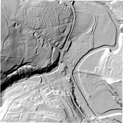 Shaded relief map of the ground around S350GX, computed from Environment Agency LiDAR. The ground here sits at about 94 m above sea level and falls 87 m across the surrounding 800 m. Surface water reaching this point runs off ground lying to the west, 76.1 m higher.
