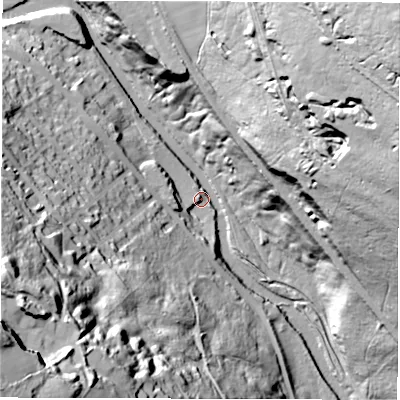 Shaded relief map of the ground around S350GZ, computed from Environment Agency LiDAR. The ground here sits at about 82 m above sea level and falls 102 m across the surrounding 800 m. Surface water reaching this point runs off ground lying to the south-west, 9.5 m higher.