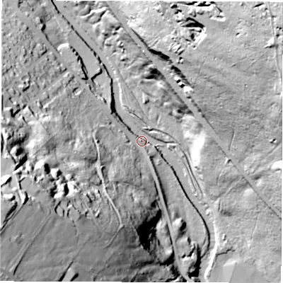 Shaded relief map of the ground around S350HE, computed from Environment Agency LiDAR. The ground here sits at about 82 m above sea level and falls 97 m across the surrounding 800 m. Surface water reaching this point runs off ground lying to the west-south-west, 90.6 m higher.
