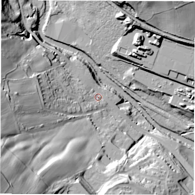 Shaded relief map of the ground around S350HF, computed from Environment Agency LiDAR. The ground here sits at about 82 m above sea level and falls 92 m across the surrounding 800 m. Surface water reaching this point runs off ground lying to the west, 43.7 m higher.