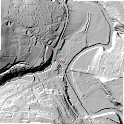 Shaded relief map of the ground around S350HL, computed from Environment Agency LiDAR. The ground here sits at about 91 m above sea level and falls 80 m across the surrounding 800 m. Surface water reaching this point runs off ground lying to the west, 71.2 m higher.