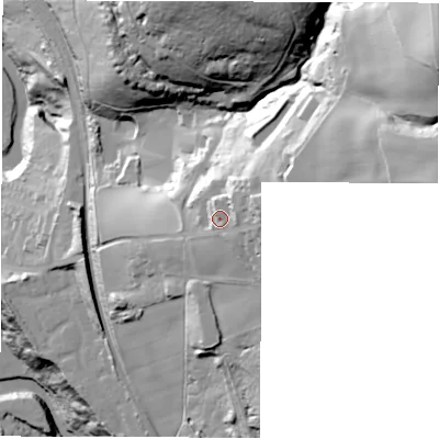 Shaded relief map of the ground around S350HN, computed from Environment Agency LiDAR. The ground here sits at about 148 m above sea level and falls 115 m across the surrounding 800 m. Surface water reaching this point runs off ground lying to the east-north-east, 12.4 m higher.