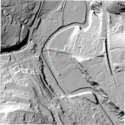 Shaded relief map of the ground around S350JS, computed from Environment Agency LiDAR. The ground here sits at about 86 m above sea level and falls 90 m across the surrounding 800 m. Surface water reaching this point runs off ground lying to the west-north-west, 1.3 m higher.