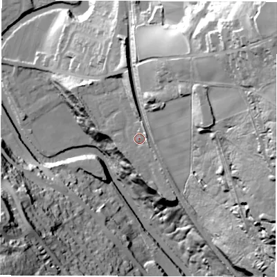 Shaded relief map of the ground around S350JU, computed from Environment Agency LiDAR. The ground here sits at about 107 m above sea level and falls 88 m across the surrounding 800 m. Surface water reaching this point runs off ground lying to the east-north-east, 4.3 m higher.