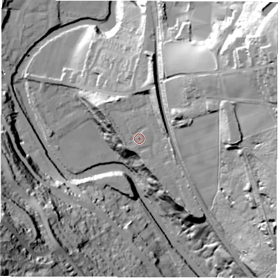 Shaded relief map of the ground around S350JX, computed from Environment Agency LiDAR. The ground here sits at about 106 m above sea level and falls 83 m across the surrounding 800 m. Surface water reaching this point runs off ground lying to the north-east, 9.7 m higher.