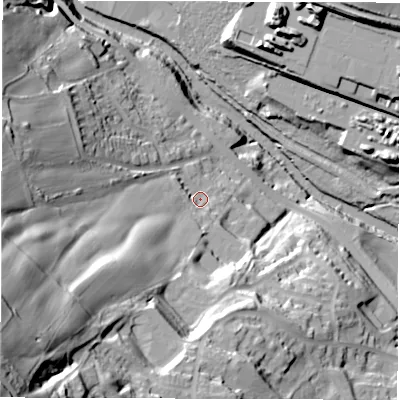 Shaded relief map of the ground around S350JZ, computed from Environment Agency LiDAR. The ground here sits at about 86 m above sea level and falls 96 m across the surrounding 800 m. Surface water reaching this point runs off ground lying to the south-west, 34.4 m higher.