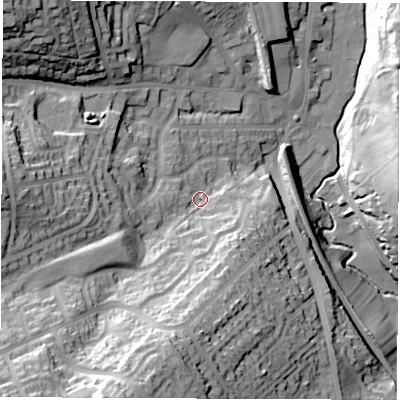 Shaded relief map of the ground around S351AB, computed from Environment Agency LiDAR. The ground here sits at about 83 m above sea level and falls 51 m across the surrounding 800 m. Surface water reaching this point runs off ground lying to the south-south-west, 37.5 m higher.