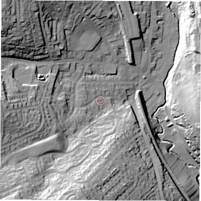 Shaded relief map of the ground around S351AD, computed from Environment Agency LiDAR. The ground here sits at about 81 m above sea level and falls 45 m across the surrounding 800 m. Surface water reaching this point runs off ground lying to the west, 24.4 m higher.