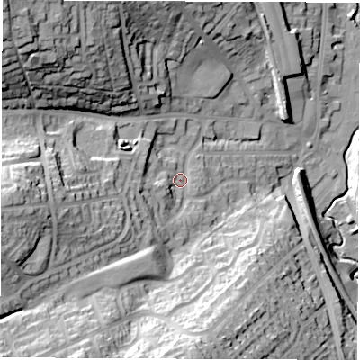 Shaded relief map of the ground around S351AE, computed from Environment Agency LiDAR. The ground here sits at about 84 m above sea level and falls 47 m across the surrounding 800 m. Surface water reaching this point runs off ground lying to the west-south-west, 10.2 m higher.