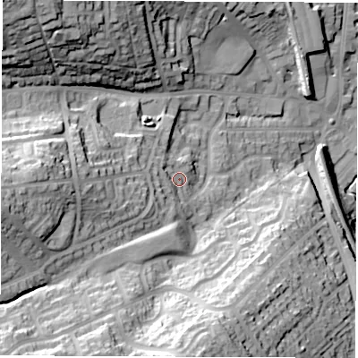 Shaded relief map of the ground around S351AH, computed from Environment Agency LiDAR. The ground here sits at about 89 m above sea level and falls 47 m across the surrounding 800 m. Surface water reaching this point runs off ground lying to the west, 26.0 m higher.