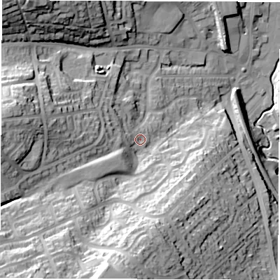 Shaded relief map of the ground around S351AJ, computed from Environment Agency LiDAR. The ground here sits at about 87 m above sea level and falls 51 m across the surrounding 800 m. Surface water reaching this point runs off ground lying to the west, 3.9 m higher.