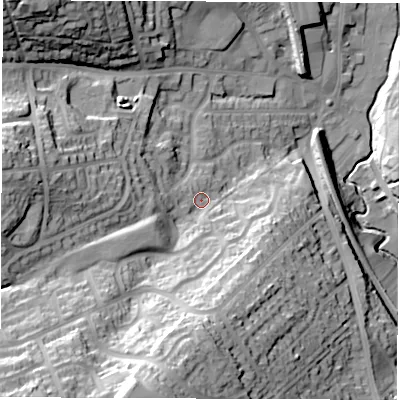 Shaded relief map of the ground around S351AL, computed from Environment Agency LiDAR. The ground here sits at about 86 m above sea level and falls 52 m across the surrounding 800 m. Surface water reaching this point runs off ground lying to the south-south-west, 36.2 m higher.