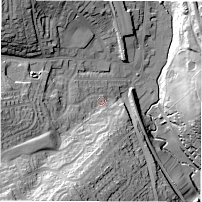 Shaded relief map of the ground around S351AN, computed from Environment Agency LiDAR. The ground here sits at about 80 m above sea level and falls 47 m across the surrounding 800 m. Surface water reaching this point runs off ground lying to the south-south-west, 35.3 m higher.