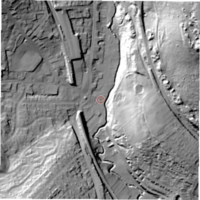 Shaded relief map of the ground around S351AP, computed from Environment Agency LiDAR. The ground here sits at about 74 m above sea level and falls 68 m across the surrounding 800 m. Surface water reaching this point runs off ground lying to the north-east, 62.7 m higher.