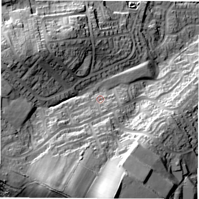 Shaded relief map of the ground around S351QB, computed from Environment Agency LiDAR. The ground here sits at about 102 m above sea level and falls 56 m across the surrounding 800 m. Surface water reaching this point runs off ground lying to the south-west, 8.2 m higher.