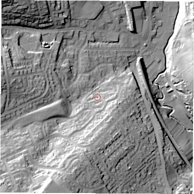 Shaded relief map of the ground around S351QR, computed from Environment Agency LiDAR. The ground here sits at about 86 m above sea level and falls 54 m across the surrounding 800 m. Surface water reaching this point runs off ground lying to the south-south-west, 31.8 m higher.