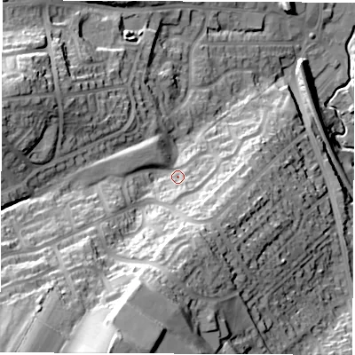 Shaded relief map of the ground around S351QS, computed from Environment Agency LiDAR. The ground here sits at about 94 m above sea level and falls 60 m across the surrounding 800 m. Surface water reaching this point runs off ground lying to the south-south-west, 37.9 m higher.
