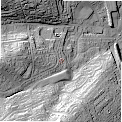 Shaded relief map of the ground around S351RR, computed from Environment Agency LiDAR. The ground here sits at about 93 m above sea level and falls 47 m across the surrounding 800 m. Surface water reaching this point runs off ground lying to the west, 21.7 m higher.