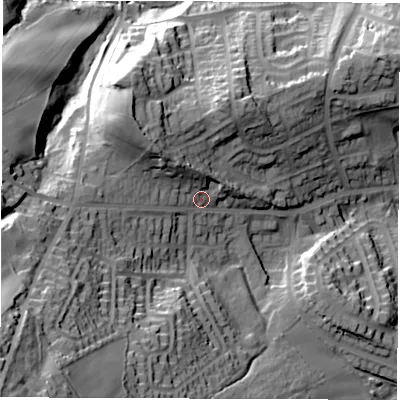 Shaded relief map of the ground around S351SL, computed from Environment Agency LiDAR. The ground here sits at about 129 m above sea level and falls 64 m across the surrounding 800 m. Surface water reaching this point runs off ground lying to the west-south-west, 34.7 m higher.