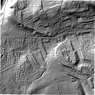 Shaded relief map of the ground around S351SR, computed from Environment Agency LiDAR. The ground here sits at about 119 m above sea level and falls 62 m across the surrounding 800 m. Surface water reaching this point runs off ground lying to the south-west, 47.1 m higher.