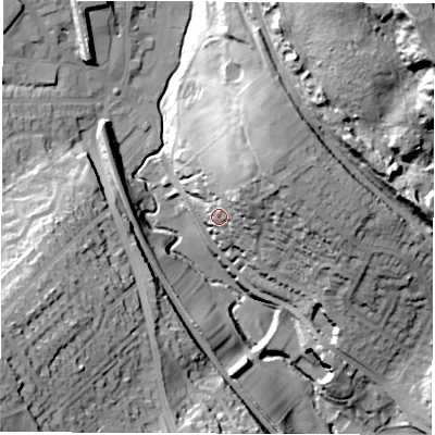 Shaded relief map of the ground around S351SX, computed from Environment Agency LiDAR. The ground here sits at about 84 m above sea level and falls 72 m across the surrounding 800 m. Surface water reaching this point runs off ground lying to the north-east, 17.3 m higher.